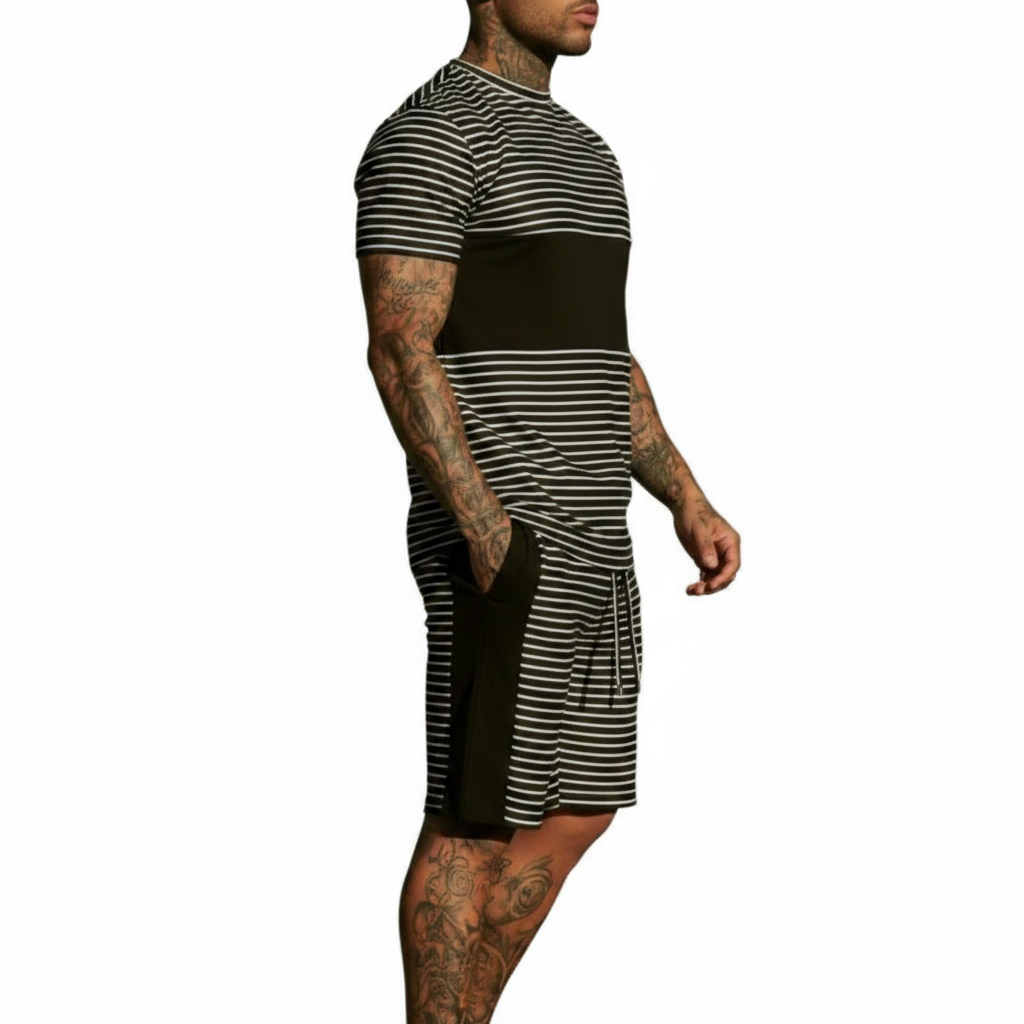 Men’s Slim Fit Short Sleeve T-Shirt and Shorts Set with White Stripe Detail 22