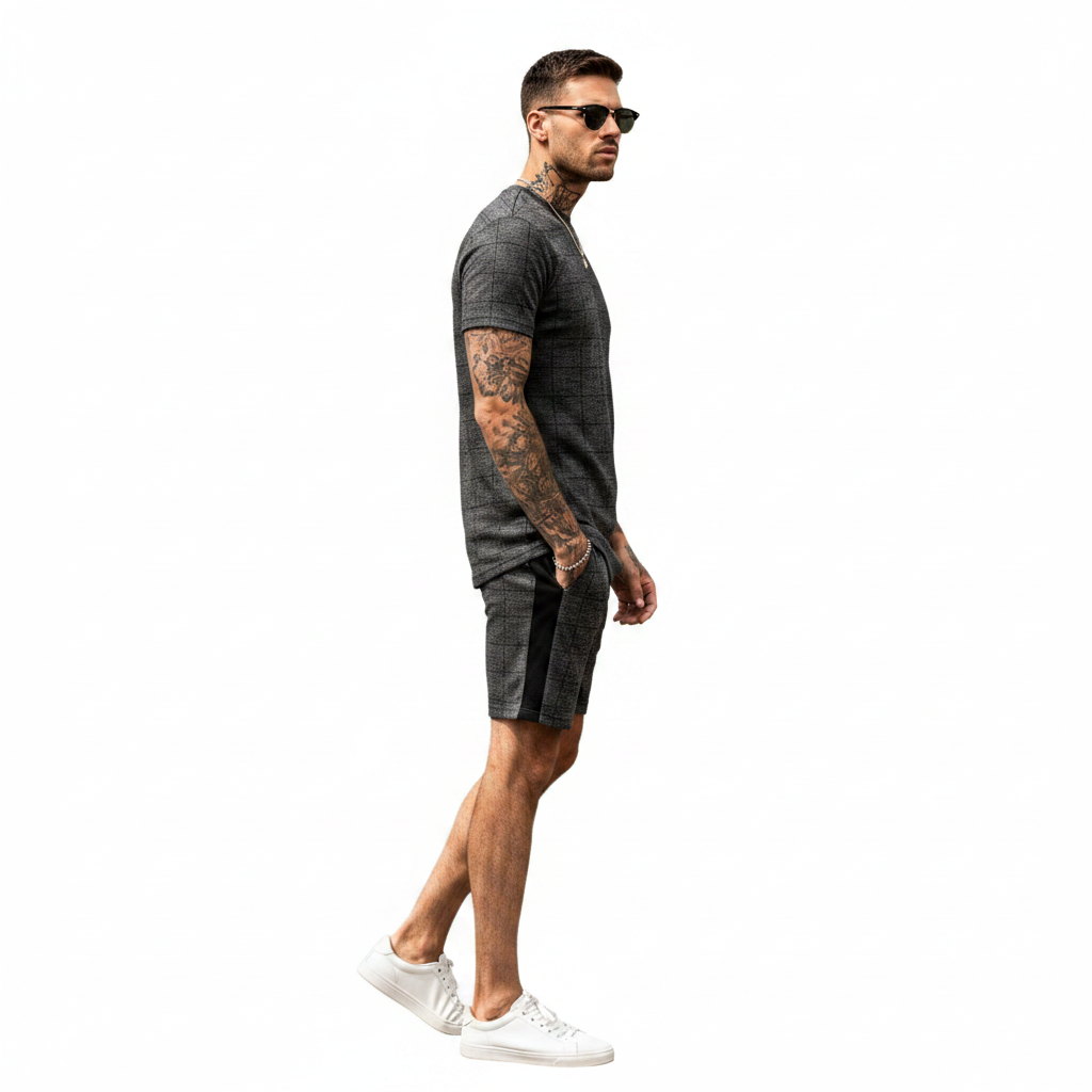 Men’s Slim Fit Short Sleeve T-Shirt and Shorts Set with White Stripe Detail 19