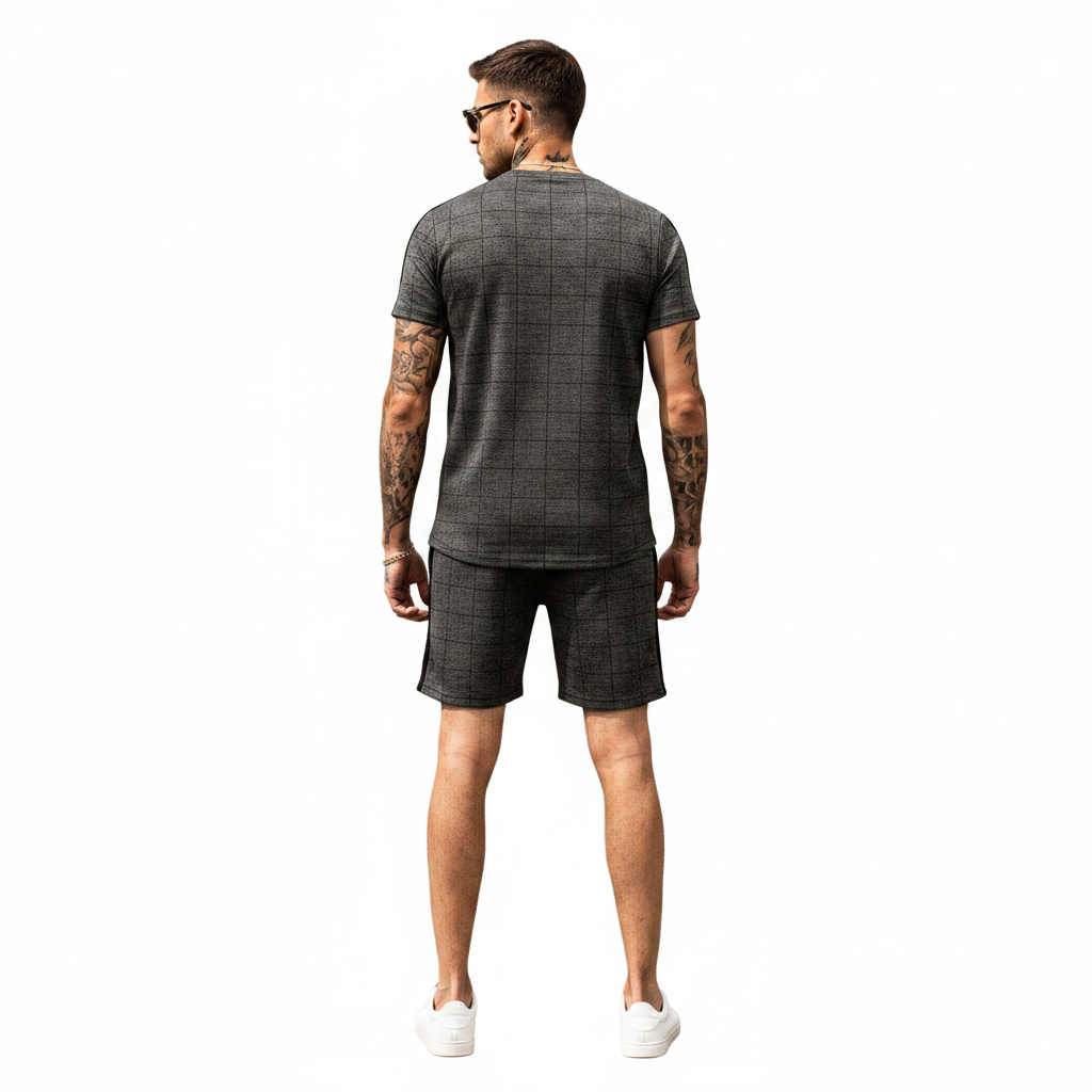 Men’s Slim Fit Short Sleeve T-Shirt and Shorts Set with White Stripe Detail 18