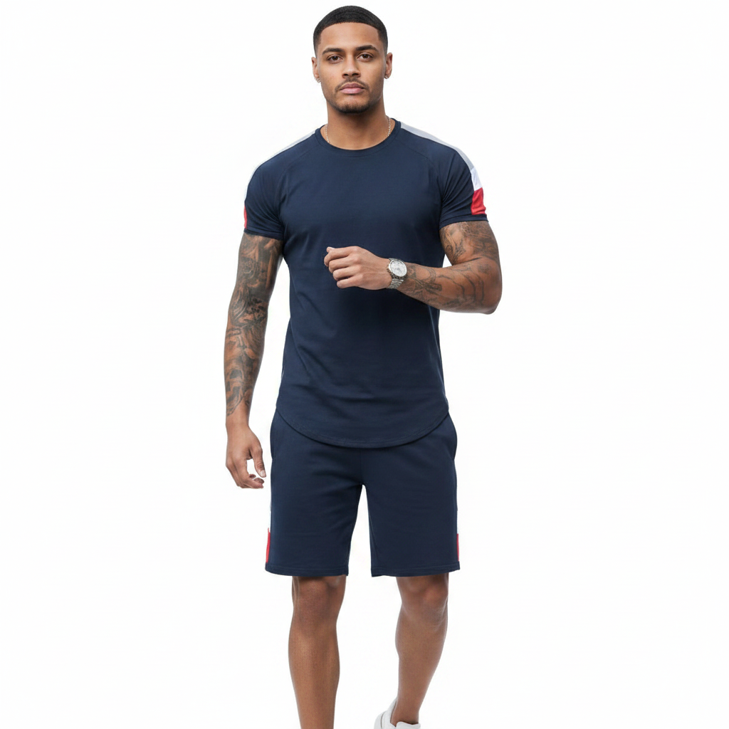 Men’s Slim Fit Short Sleeve T-Shirt and Shorts Set with White Stripe Detail 13