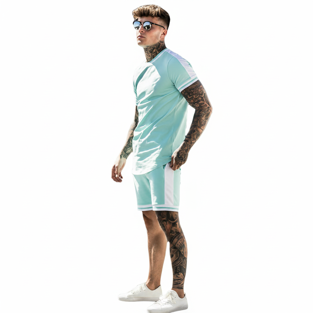 Men’s Slim Fit Short Sleeve T-Shirt and Shorts Set with White Stripe Detail 11