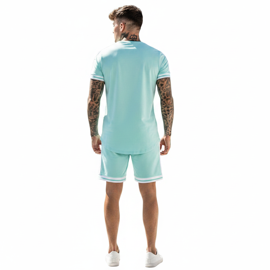 Men’s Slim Fit Short Sleeve T-Shirt and Shorts Set with White Stripe Detail 10
