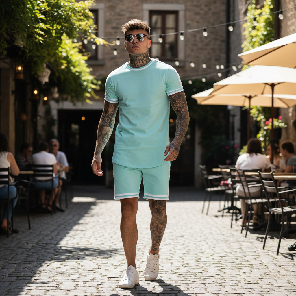 Men’s Slim Fit Short Sleeve T-Shirt and Shorts Set with White Stripe Detail 12