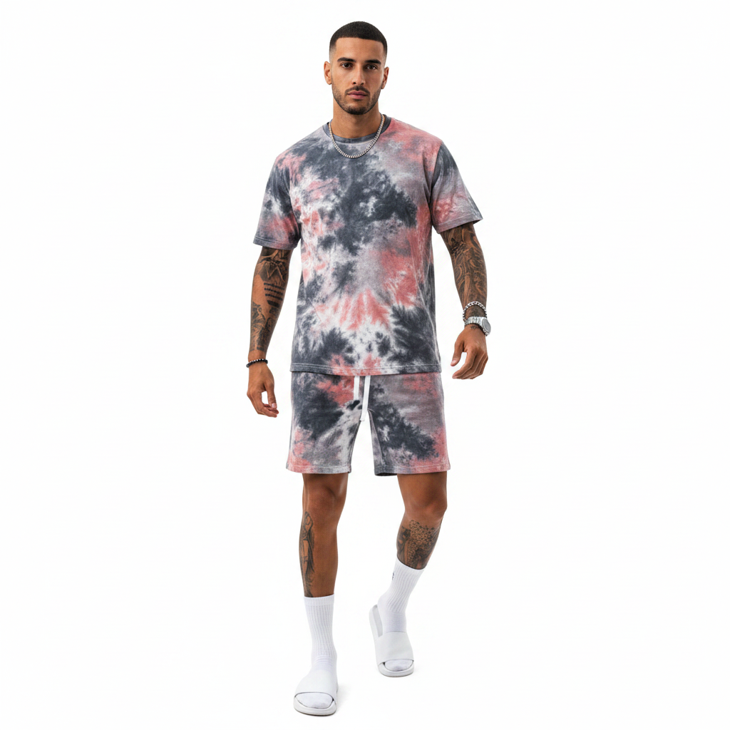 Men’s Slim Fit Short Sleeve T-Shirt and Shorts Set with White Stripe Detail