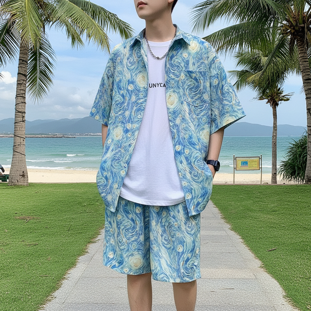 Men’s Beige Short Sleeve Button-Up Shirt and Shorts Set 9