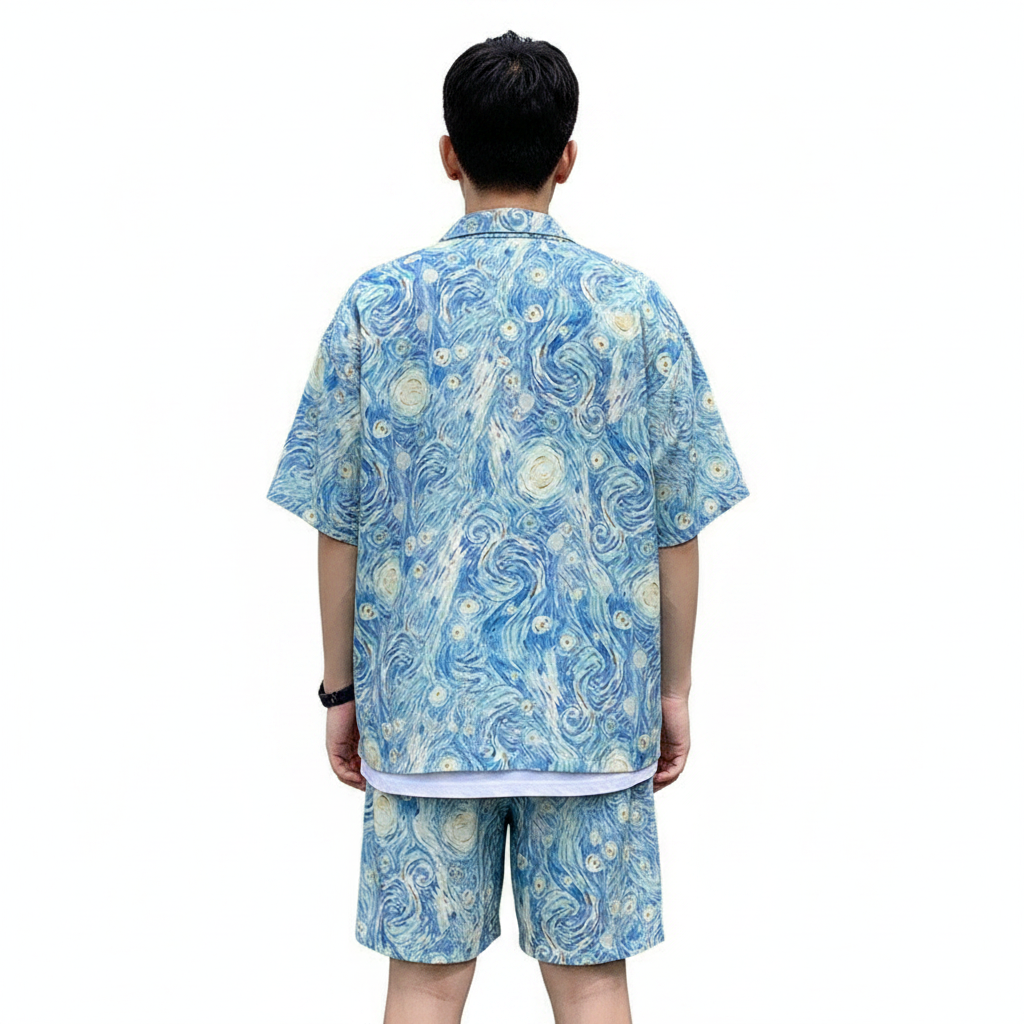 Men’s Beige Short Sleeve Button-Up Shirt and Shorts Set 5