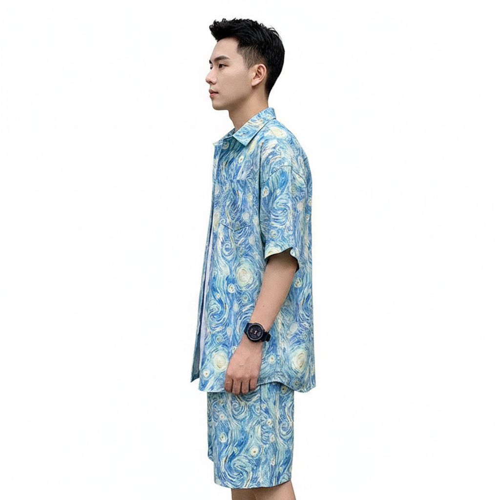Men’s Beige Short Sleeve Button-Up Shirt and Shorts Set 6