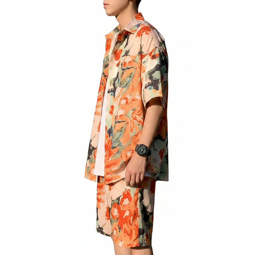 Men’s Beige Short Sleeve Button-Up Shirt and Shorts Set 16