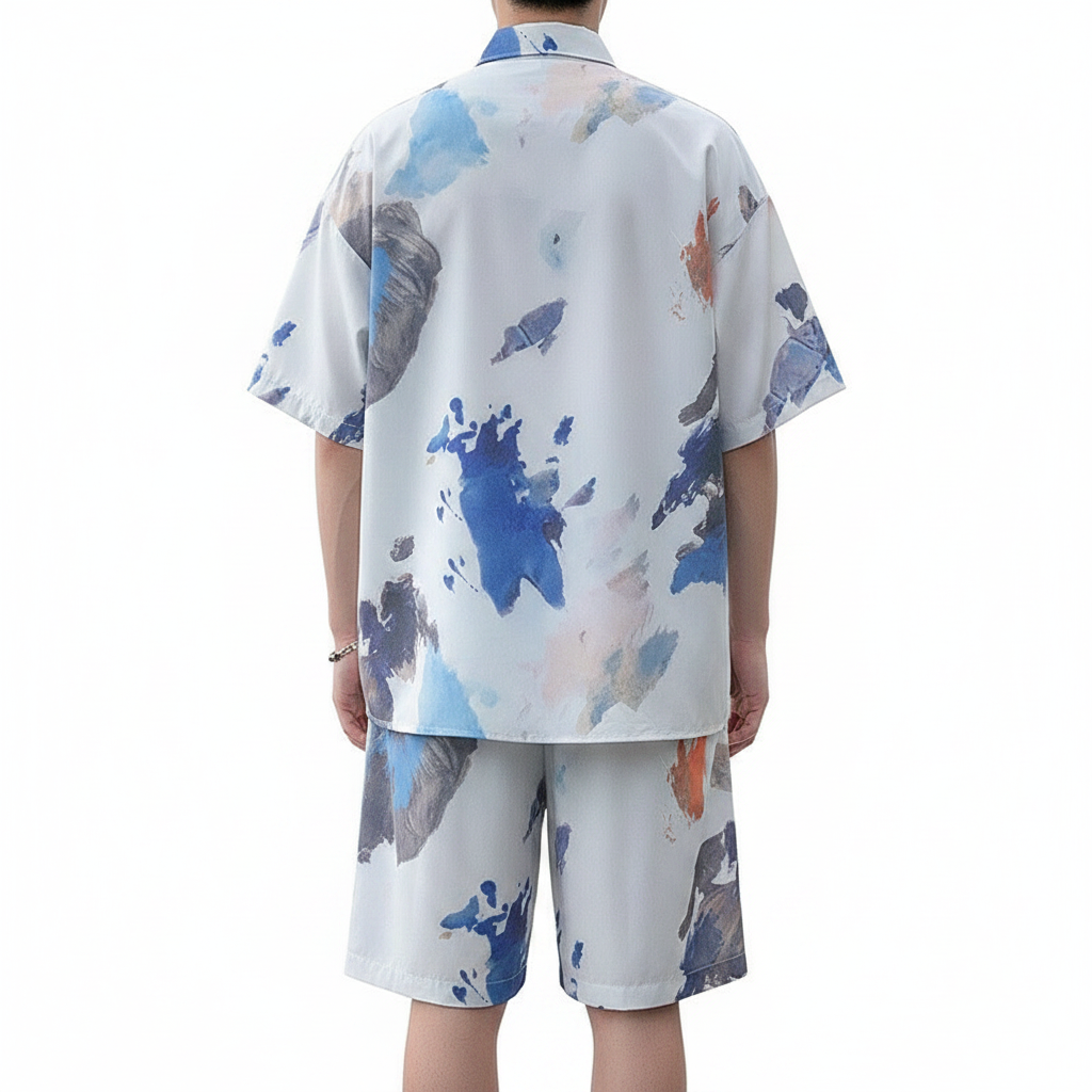 Men’s Beige Short Sleeve Button-Up Shirt and Shorts Set 10
