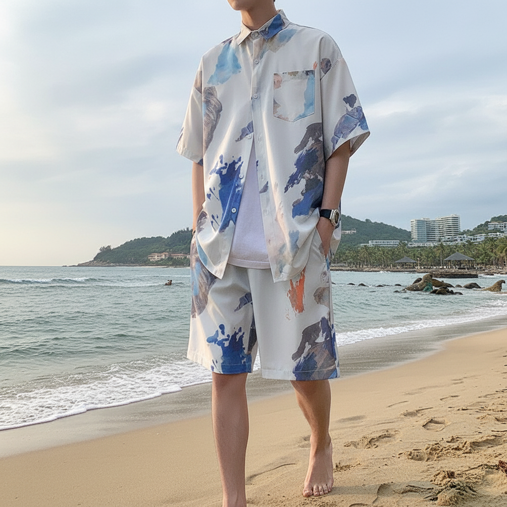 Men’s Beige Short Sleeve Button-Up Shirt and Shorts Set 12