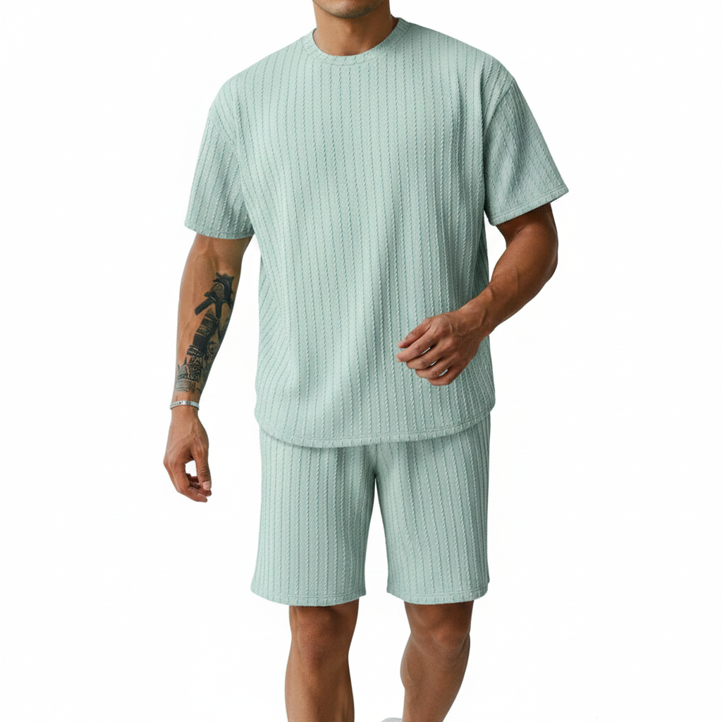 Men’s Summer Wear Ribbed Short Sleeve T-Shirt and Shorts Set 55