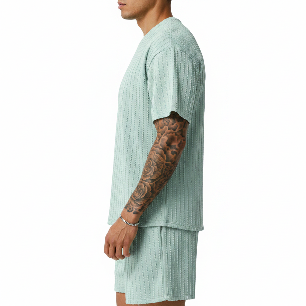 Men’s Summer Wear Ribbed Short Sleeve T-Shirt and Shorts Set 54