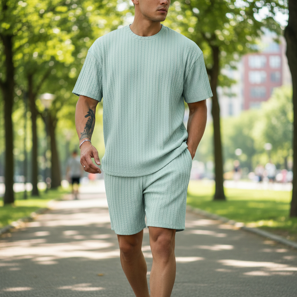 Men’s Summer Wear Ribbed Short Sleeve T-Shirt and Shorts Set 56