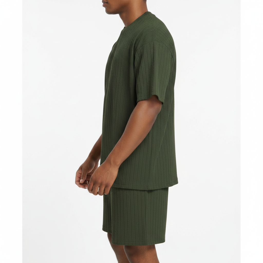 Men’s Summer Wear Ribbed Short Sleeve T-Shirt and Shorts Set 49