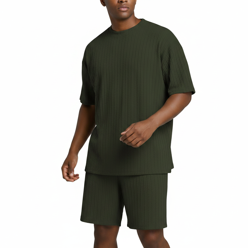 Men’s Summer Wear Ribbed Short Sleeve T-Shirt and Shorts Set 47