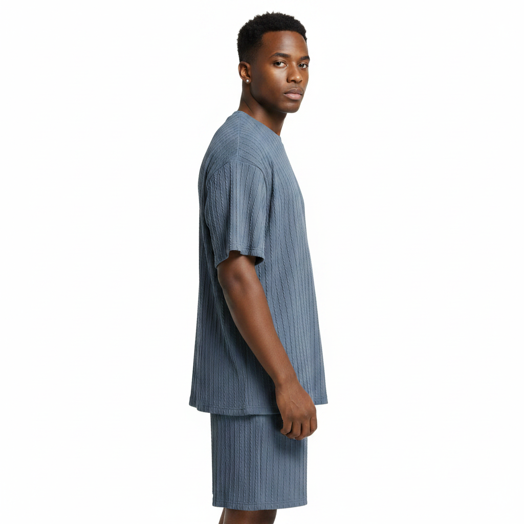 Men’s Summer Wear Ribbed Short Sleeve T-Shirt and Shorts Set 44