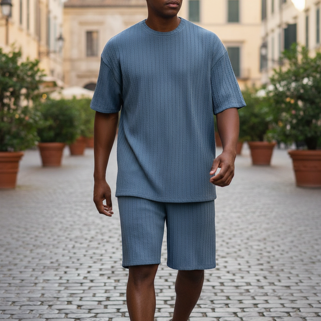 Men’s Summer Wear Ribbed Short Sleeve T-Shirt and Shorts Set 45