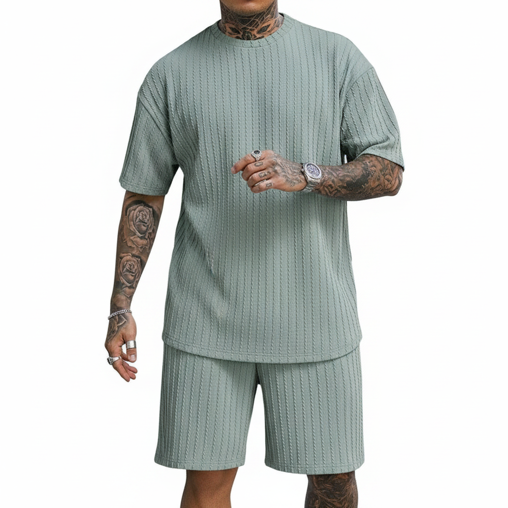 Men’s Summer Wear Ribbed Short Sleeve T-Shirt and Shorts Set 40
