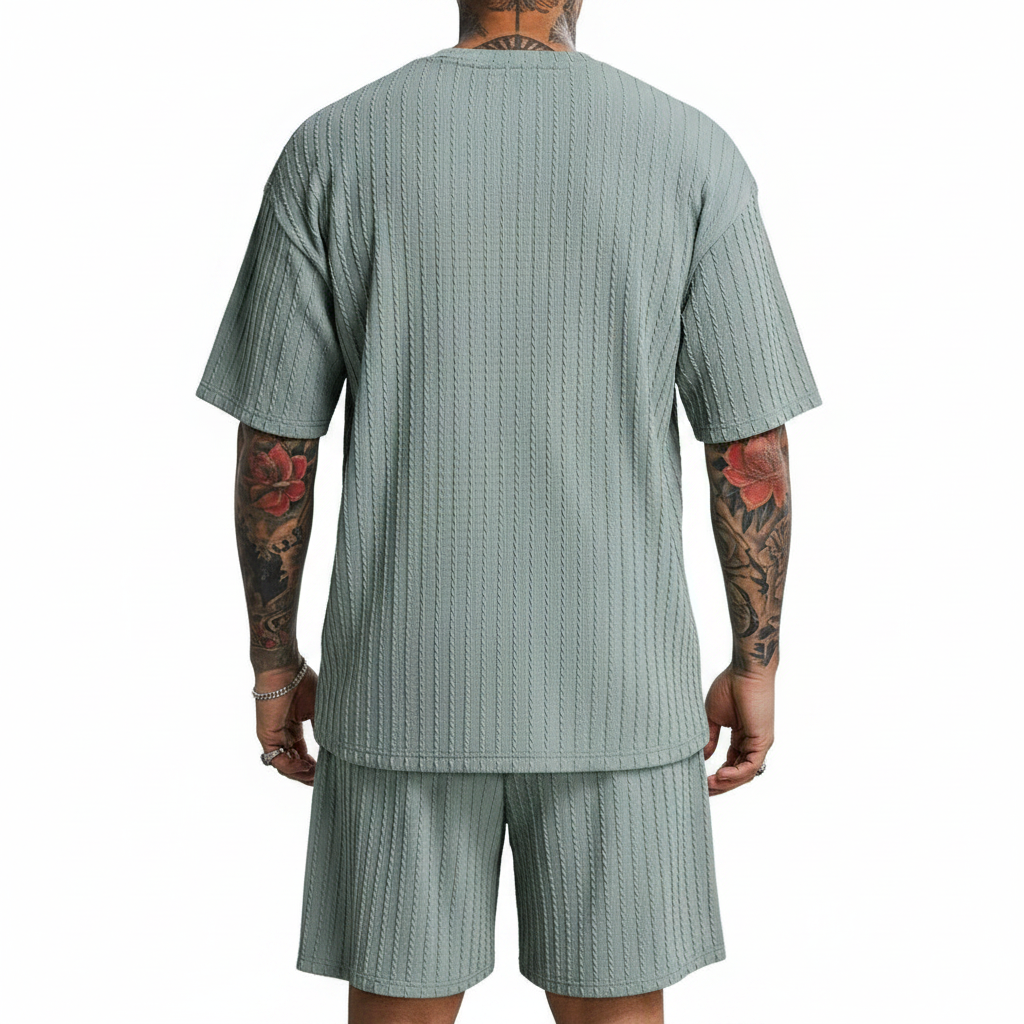 Men’s Summer Wear Ribbed Short Sleeve T-Shirt and Shorts Set 38