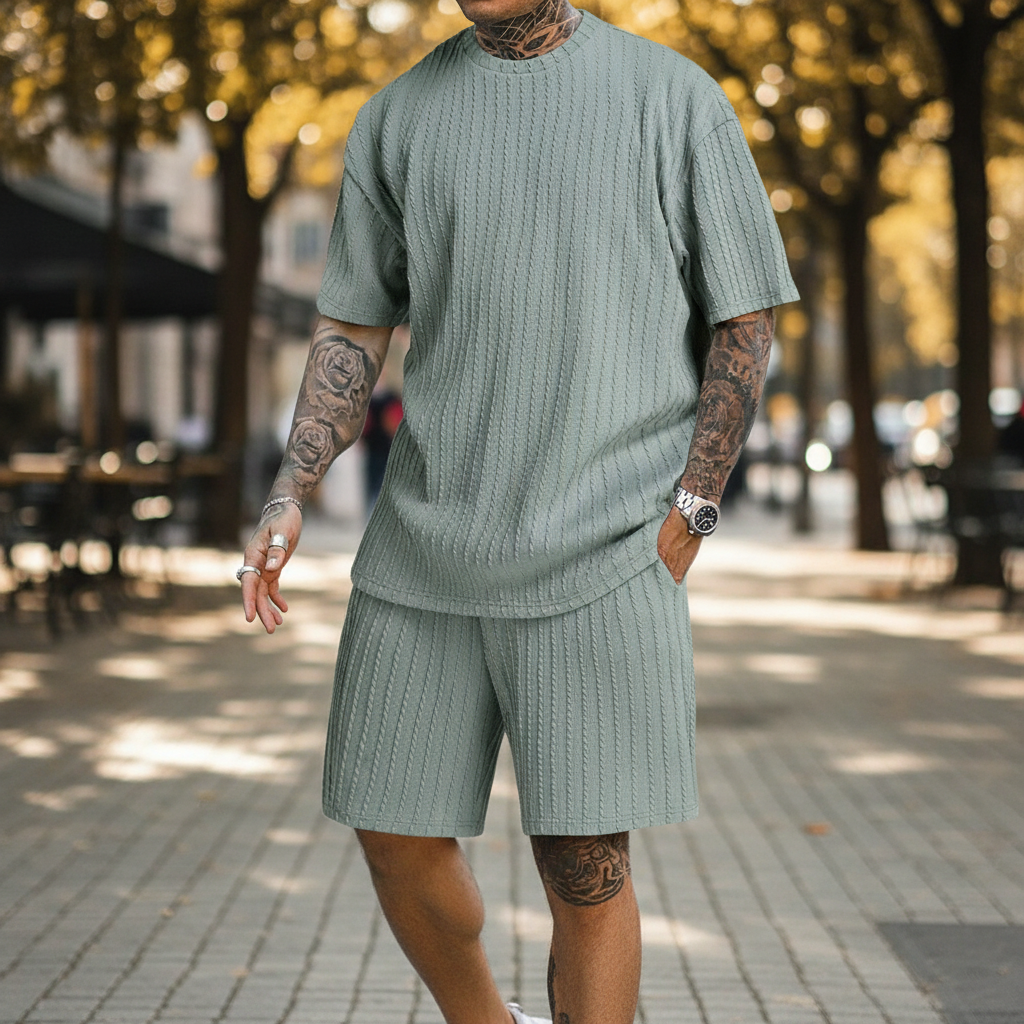 Men’s Summer Wear Ribbed Short Sleeve T-Shirt and Shorts Set 41