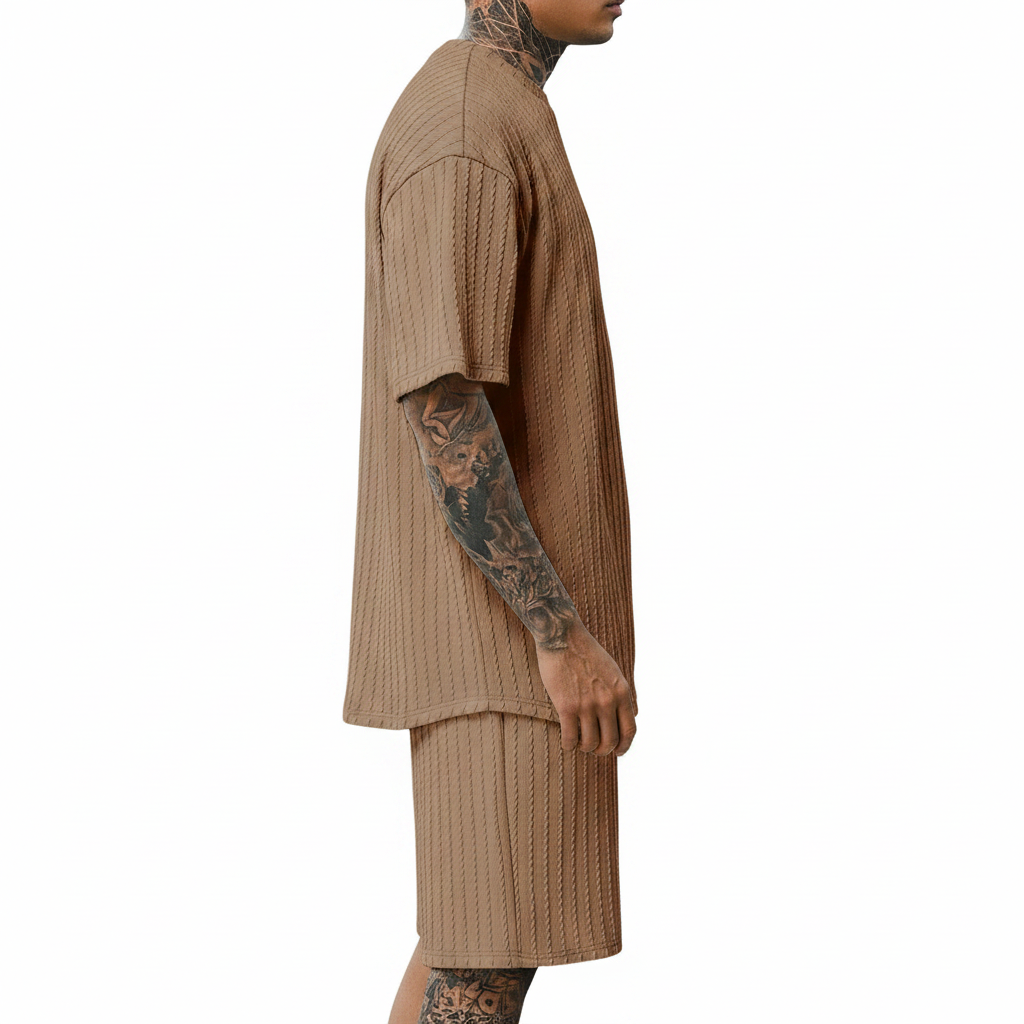 Men’s Summer Wear Ribbed Short Sleeve T-Shirt and Shorts Set 35