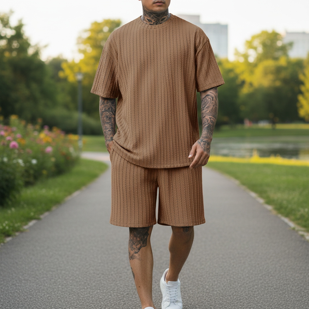 Men’s Summer Wear Ribbed Short Sleeve T-Shirt and Shorts Set 37
