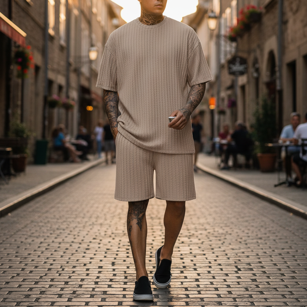 Men’s Summer Wear Ribbed Short Sleeve T-Shirt and Shorts Set 33