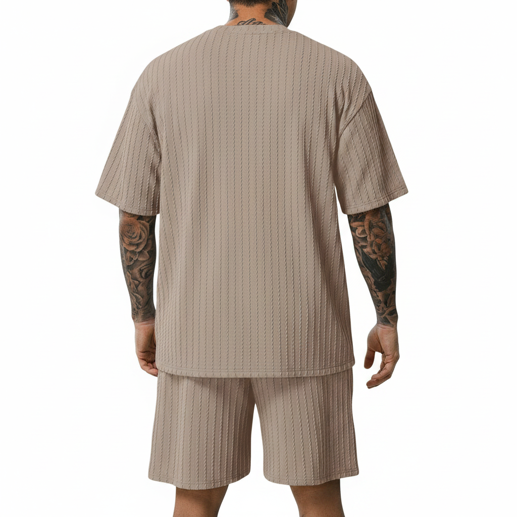 Men’s Summer Wear Ribbed Short Sleeve T-Shirt and Shorts Set 31