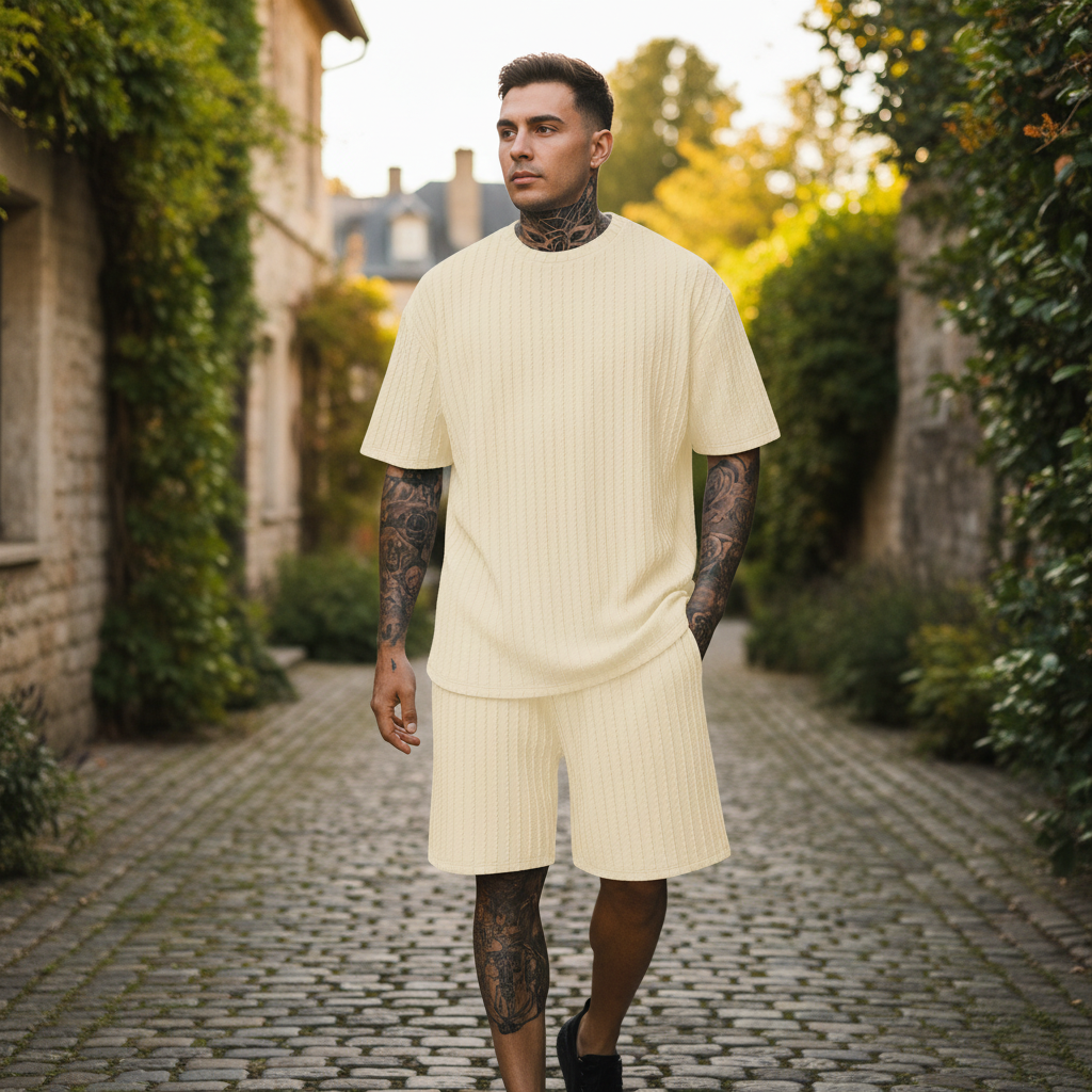 Men’s Summer Wear Ribbed Short Sleeve T-Shirt and Shorts Set 29