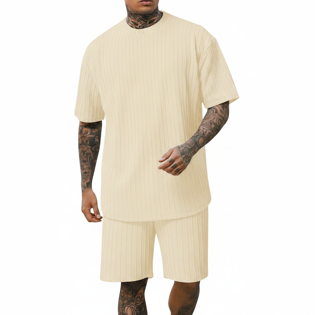 Men’s Summer Wear Ribbed Short Sleeve T-Shirt and Shorts Set 26