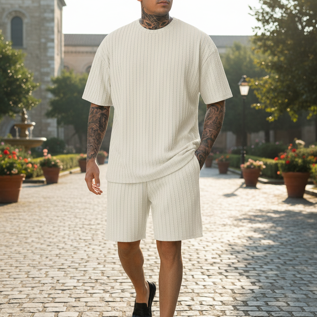 Men’s Summer Wear Ribbed Short Sleeve T-Shirt and Shorts Set 25