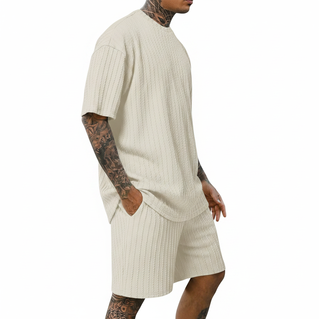 Men’s Summer Wear Ribbed Short Sleeve T-Shirt and Shorts Set 23