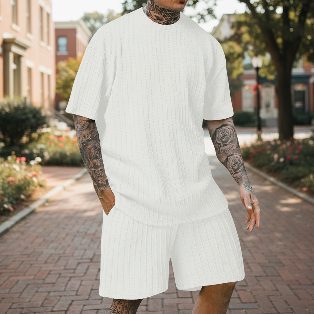 Men’s Summer Wear Ribbed Short Sleeve T-Shirt and Shorts Set 21