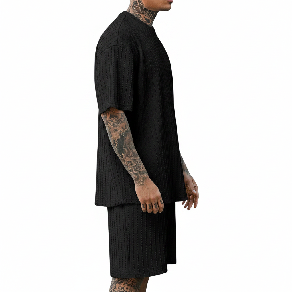 Men’s Summer Wear Ribbed Short Sleeve T-Shirt and Shorts Set 16