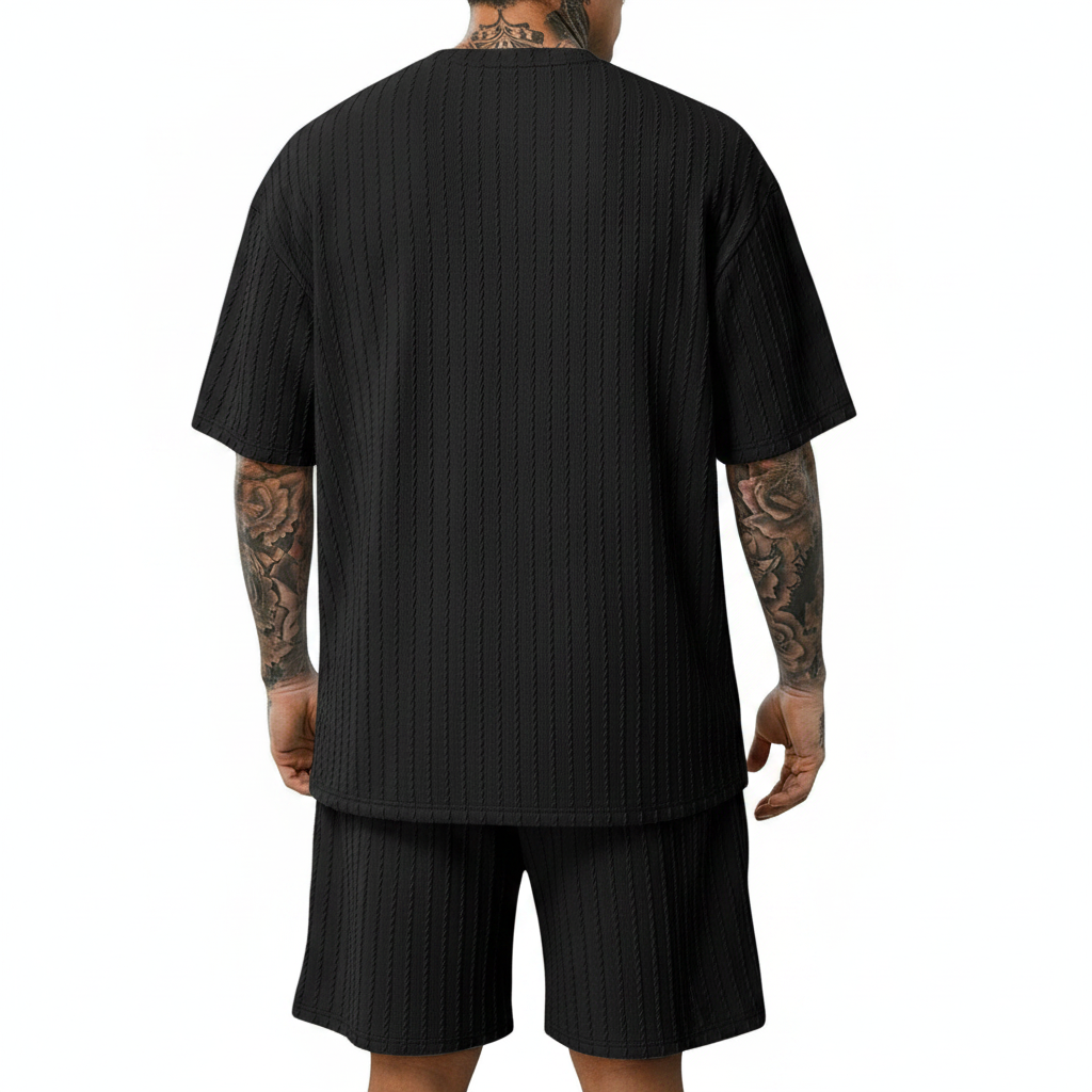 Men’s Summer Wear Ribbed Short Sleeve T-Shirt and Shorts Set 15