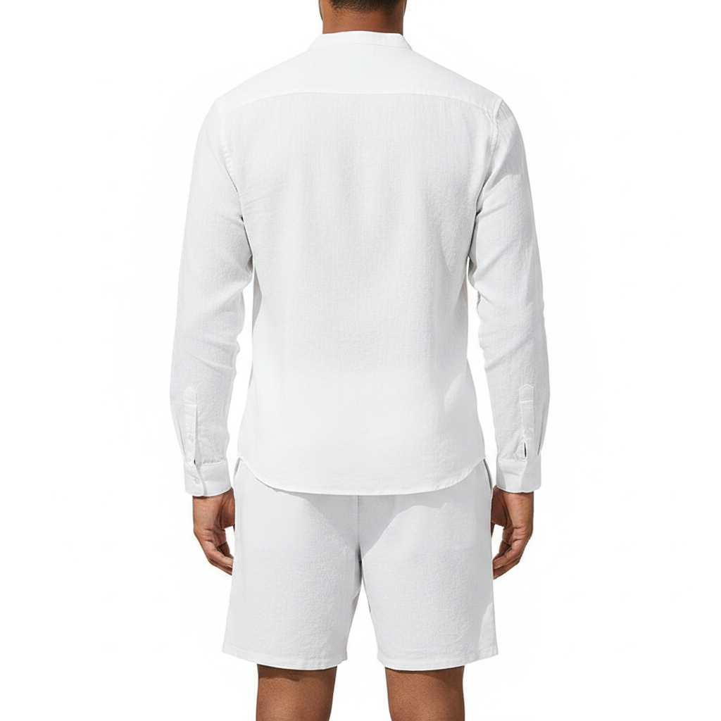 Mens Casual Linen Shirt And Shorts Set Summer Vintage Stand Collar Shirts Men Comfortable Breathable Beach Suits 6