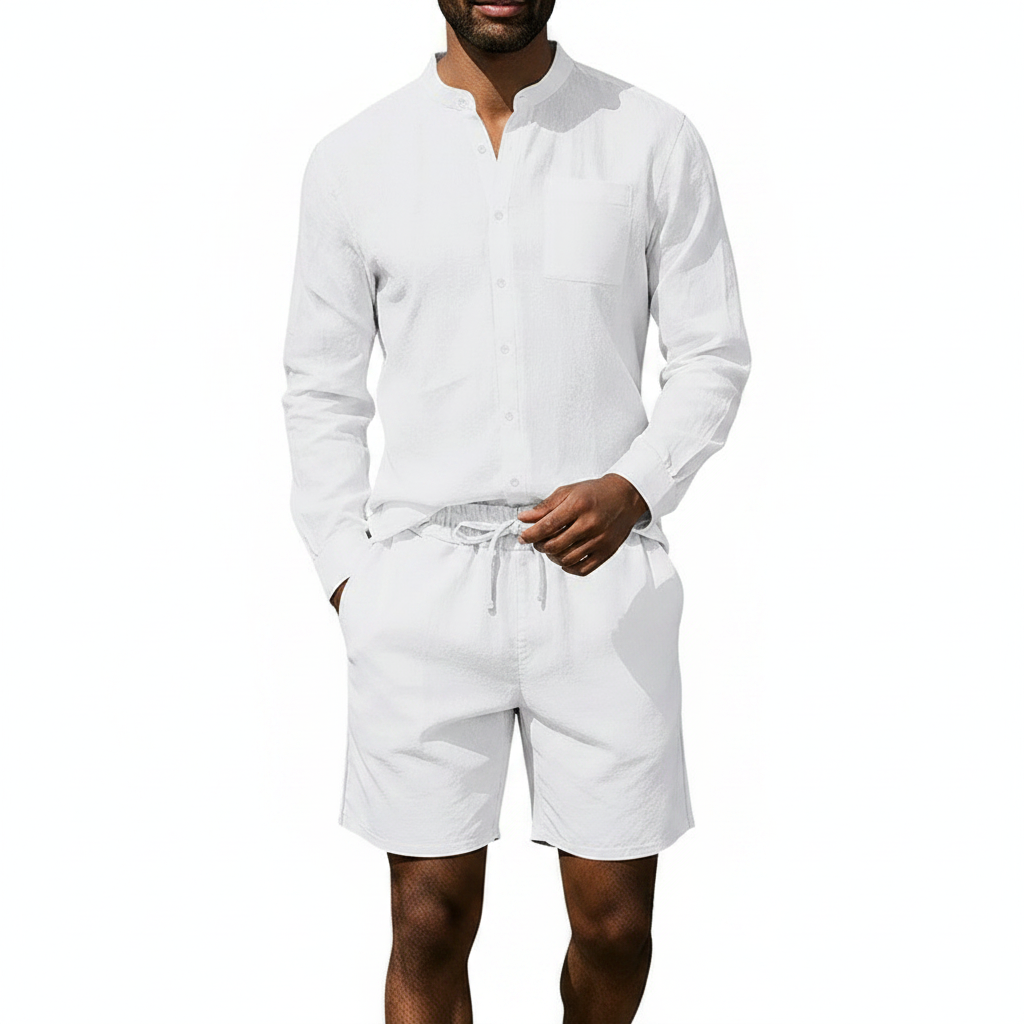 Mens Casual Linen Shirt And Shorts Set Summer Vintage Stand Collar Shirts Men Comfortable Breathable Beach Suits 1