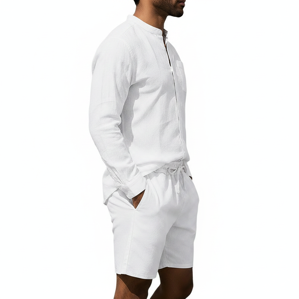 Mens Casual Linen Shirt And Shorts Set Summer Vintage Stand Collar Shirts Men Comfortable Breathable Beach Suits 7