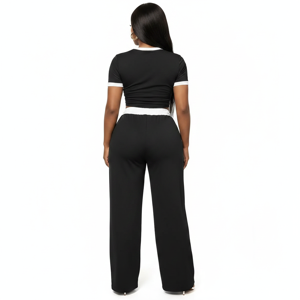 Women's Contrast Trim Crop Top and Wide Leg Pants Two Piece Set 7