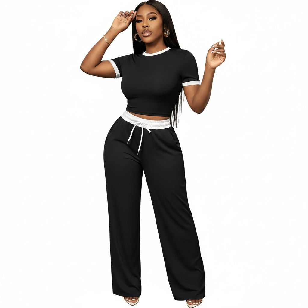 Women's Contrast Trim Crop Top and Wide Leg Pants Two Piece Set