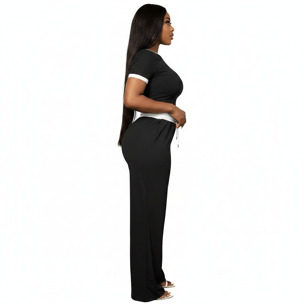 Women's Contrast Trim Crop Top and Wide Leg Pants Two Piece Set 8