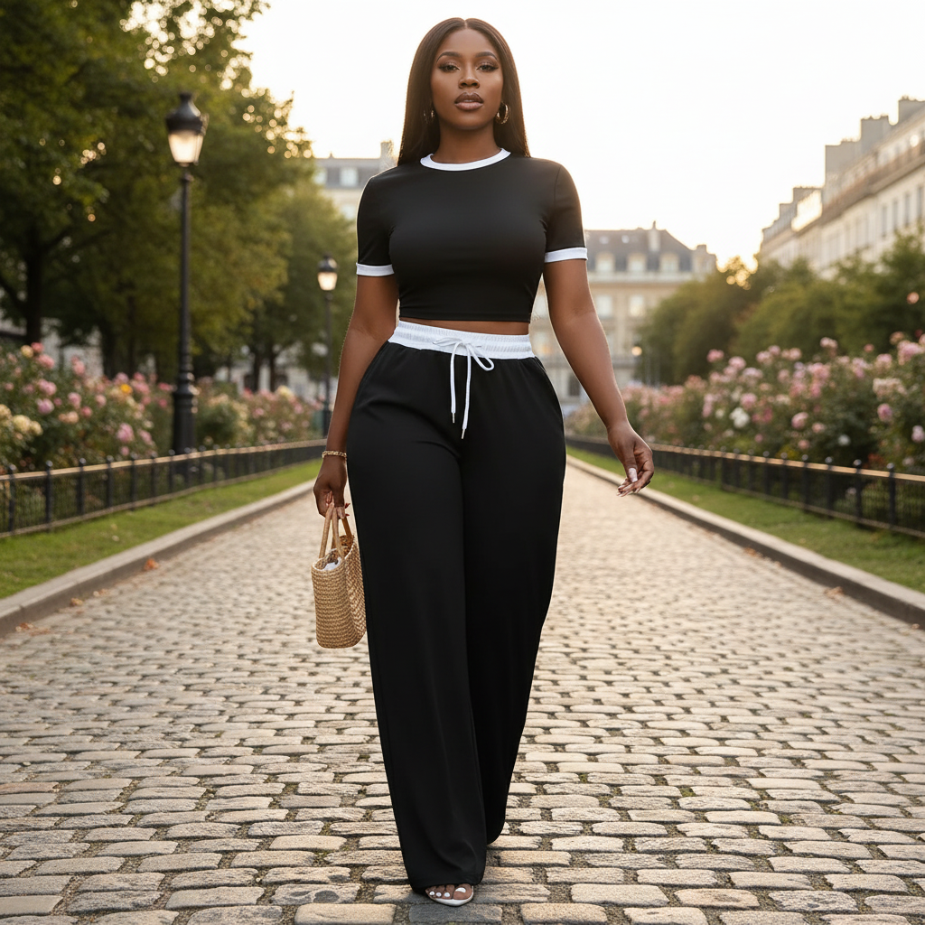 Women's Contrast Trim Crop Top and Wide Leg Pants Two Piece Set 3