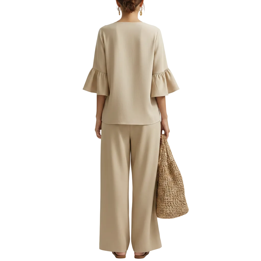 Women's Cotton Linen Relaxed Two-Piece Outfit with V-Neck Sleeve Top 7