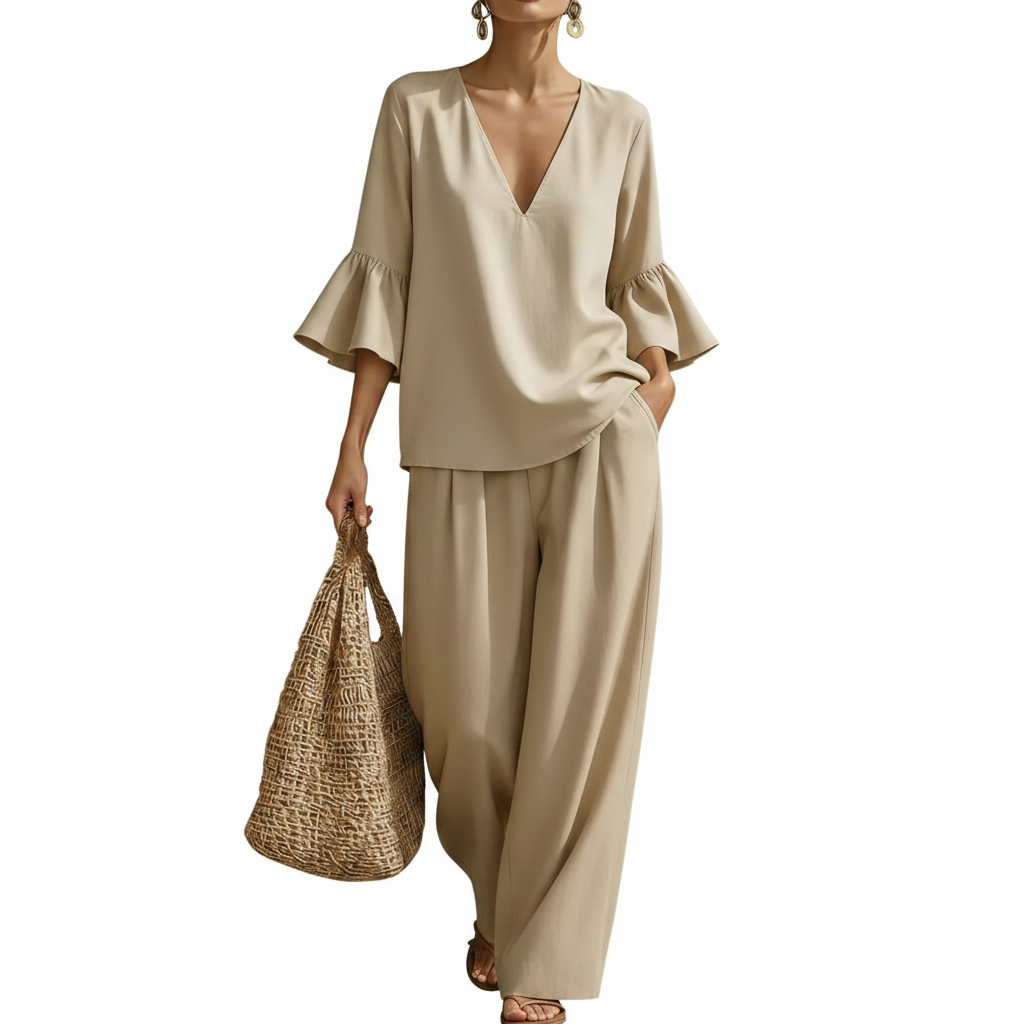 Women's Cotton Linen Relaxed Two-Piece Outfit with V-Neck Sleeve Top