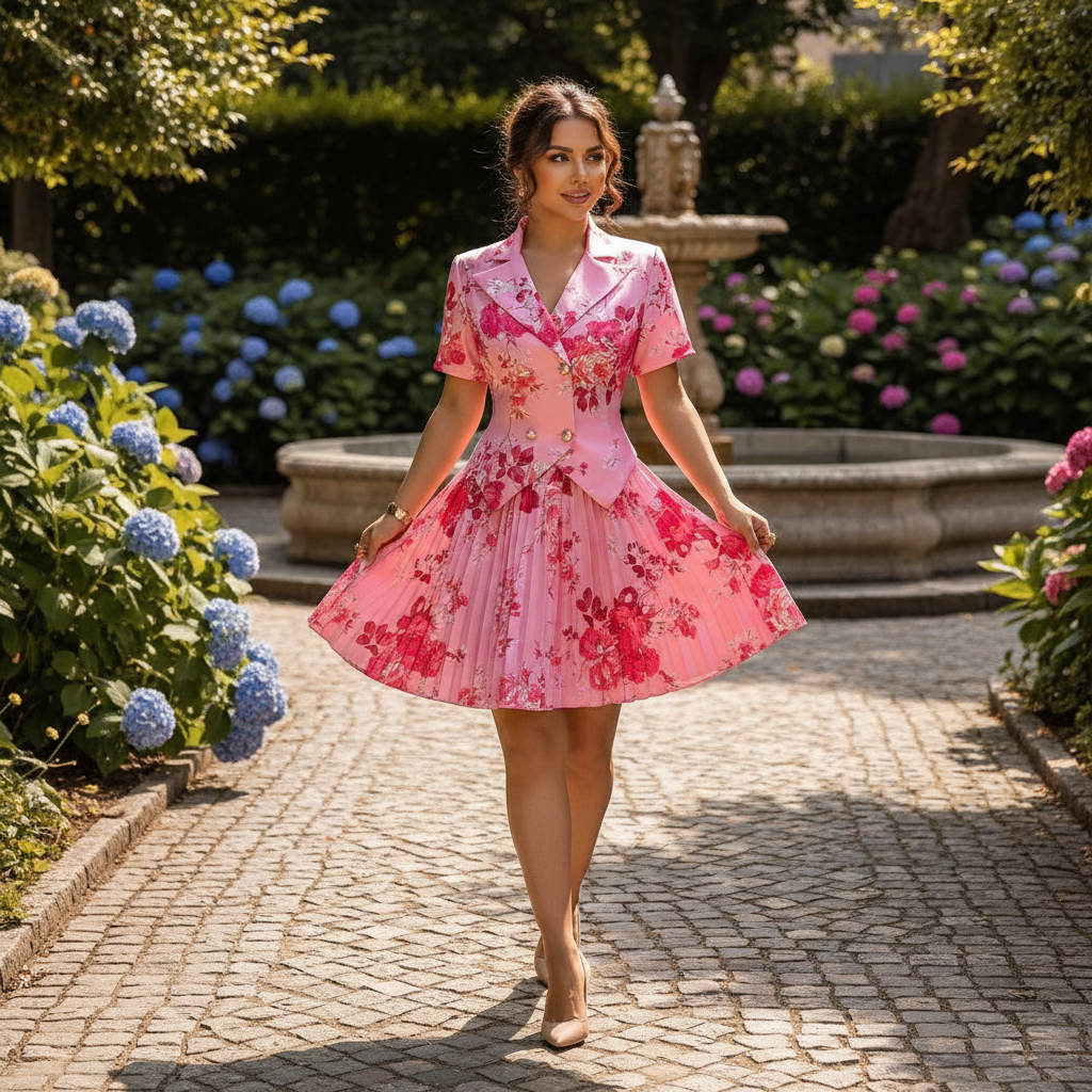 Women's Floral Print Blazer Style Pleated Midi Dress for Elegant Daywear 3