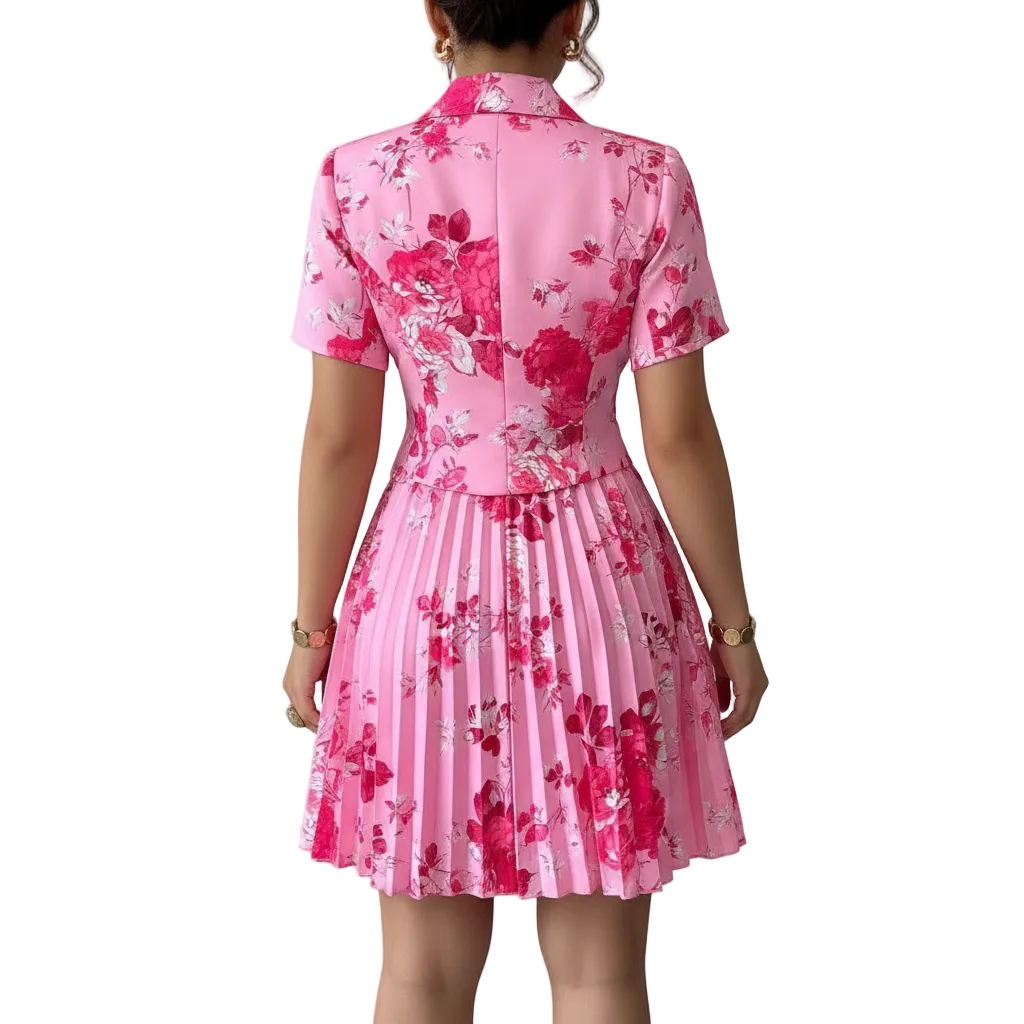 Women's Floral Print Blazer Style Pleated Midi Dress for Elegant Daywear 7