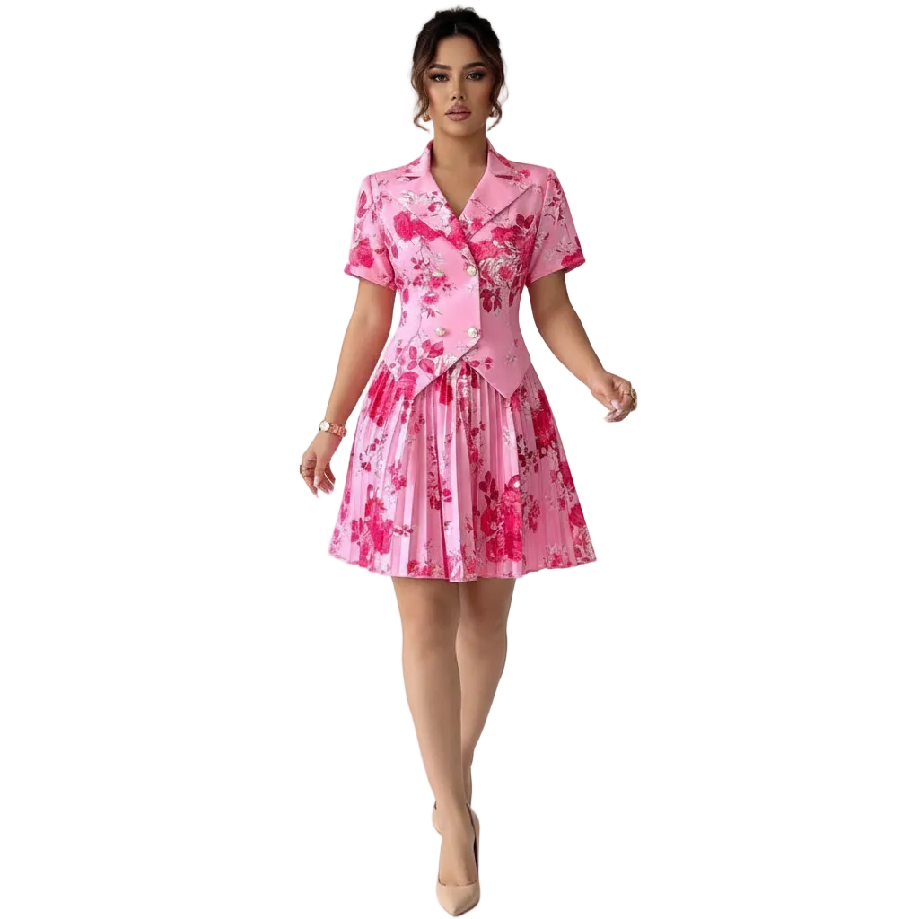 Women's Floral Print Blazer Style Pleated Midi Dress for Elegant Daywear 8