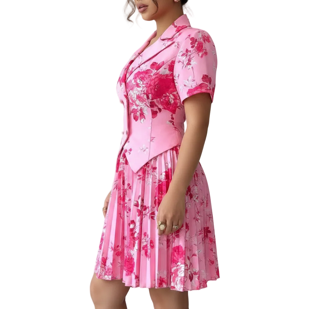 Women's Floral Print Blazer Style Pleated Midi Dress for Elegant Daywear