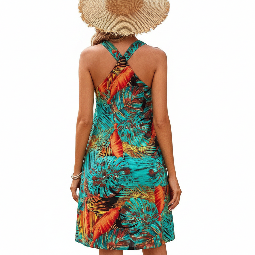 Women's Tropical Leaf Halter Neck Mini Dress for Beach and Summer 6
