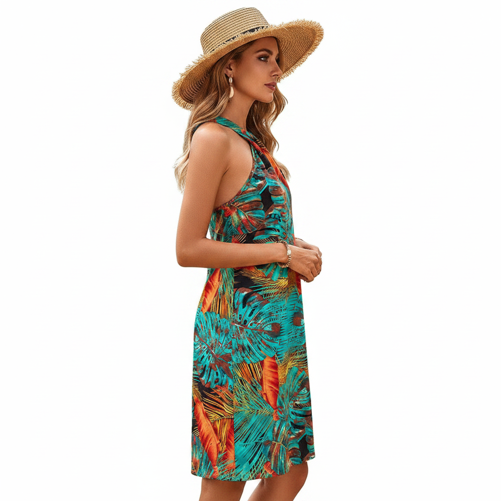 Women's Tropical Leaf Halter Neck Mini Dress for Beach and Summer 7